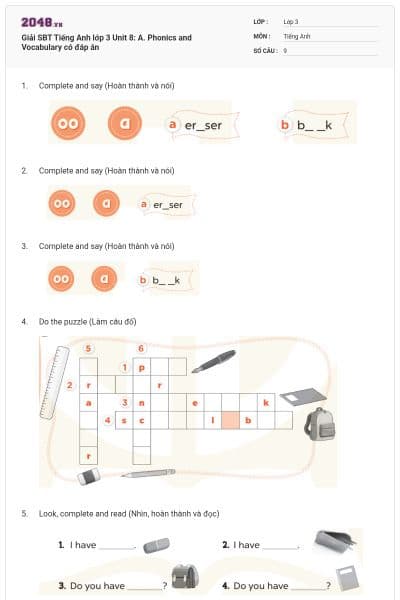 Giải SBT Tiếng Anh lớp 3 Unit 8: A. Phonics and Vocabulary có đáp án