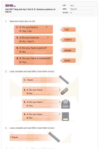 Giải SBT Tiếng Anh lớp 3 Unit 8: B. Sentence patterns có đáp án