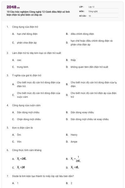 10 Câu trắc nghiệm Công nghệ 12 Cánh diều Một số linh kiện điện tử phổ biến có đáp án