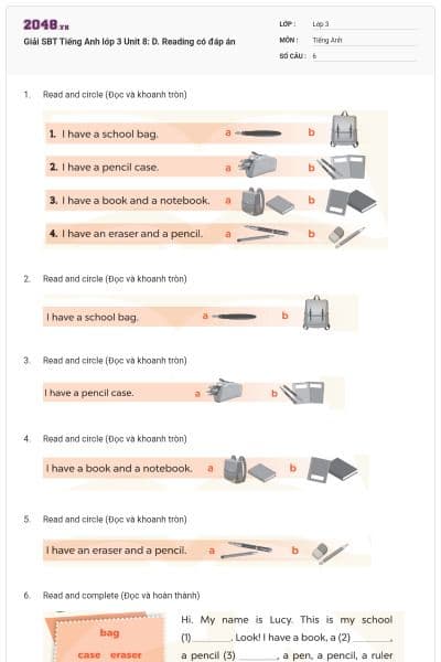 Giải SBT Tiếng Anh lớp 3 Unit 8: D. Reading có đáp án