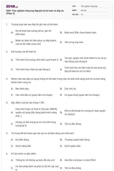 500+ Trắc nghiệm tổng hợp Nguyên lý kế toán có đáp án (Phần 2)
