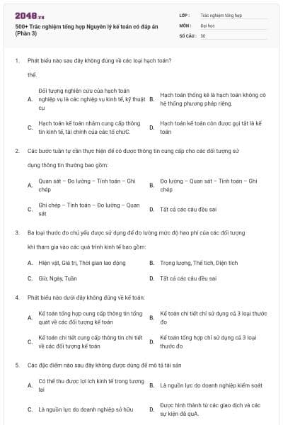 500+ Trắc nghiệm tổng hợp Nguyên lý kế toán có đáp án (Phần 3)