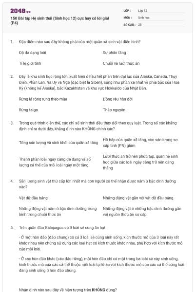 150 Bài tập Hệ sinh thái (Sinh học 12) cực hay có lời giải (P4)