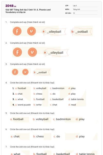 Giải SBT Tiếng Anh lớp 3 Unit 10: A. Phonics and Vocabulary có đáp án