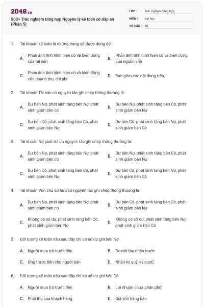 500+ Trắc nghiệm tổng hợp Nguyên lý kế toán có đáp án (Phần 5)