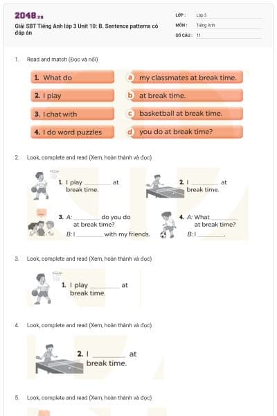Giải SBT Tiếng Anh lớp 3 Unit 10: B. Sentence patterns có đáp án
