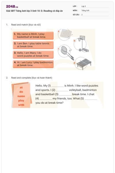 Giải SBT Tiếng Anh lớp 3 Unit 10: D. Reading có đáp án