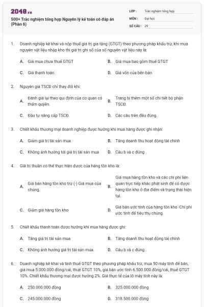 500+ Trắc nghiệm tổng hợp Nguyên lý kế toán có đáp án (Phần 6)