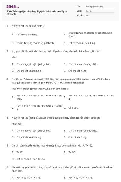 500+ Trắc nghiệm tổng hợp Nguyên lý kế toán có đáp án (Phần 7)