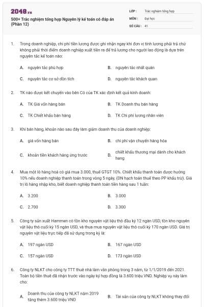 500+ Trắc nghiệm tổng hợp Nguyên lý kế toán có đáp án (Phần 12)