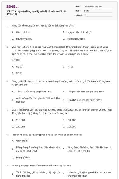 500+ Trắc nghiệm tổng hợp Nguyên lý kế toán có đáp án (Phần 13)