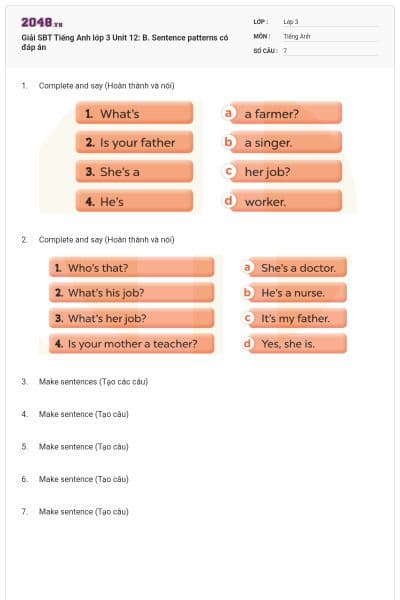 Giải SBT Tiếng Anh lớp 3 Unit 12: B. Sentence patterns có đáp án