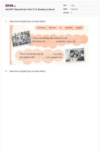 Giải SBT Tiếng Anh lớp 3 Unit 12: D. Reading có đáp án