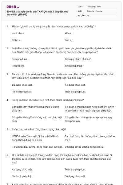 400 Bài trắc nghiệm thi thử THPTQG môn Công dân cực hay có lời giải (P9)