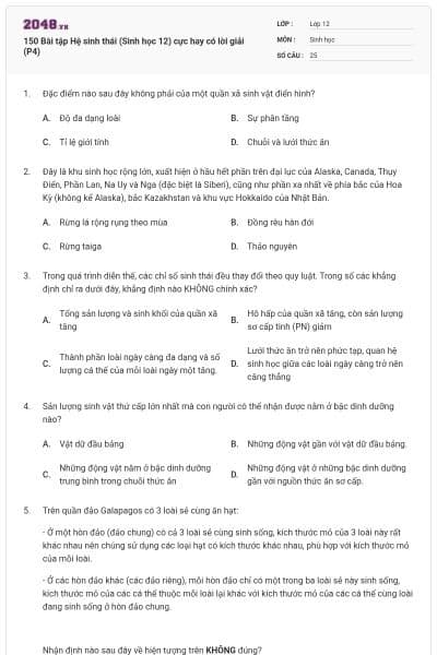 150 Bài tập Hệ sinh thái (Sinh học 12) cực hay có lời giải (P4)