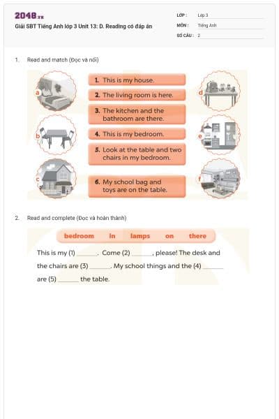 Giải SBT Tiếng Anh lớp 3 Unit 13: D. Reading có đáp án