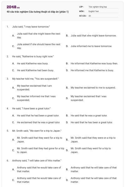 40 câu trắc nghiệm Câu tường thuật có đáp án (phần 1)