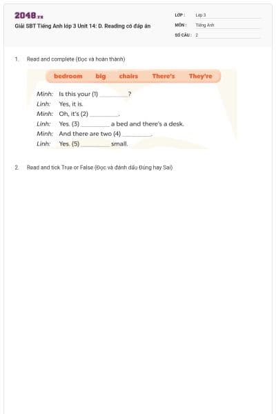 Giải SBT Tiếng Anh lớp 3 Unit 14: D. Reading có đáp án