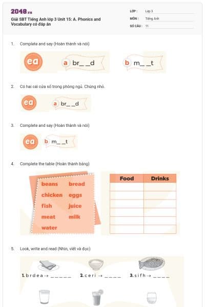 Giải SBT Tiếng Anh lớp 3 Unit 15: A. Phonics and Vocabulary có đáp án