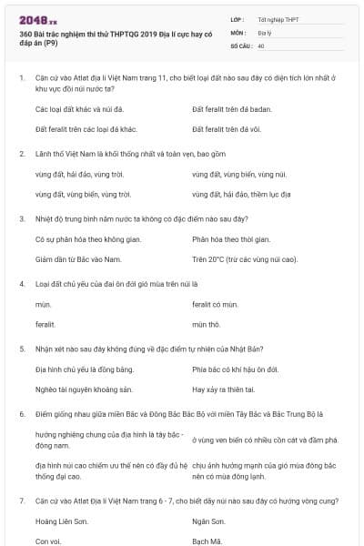 360 Bài trắc nghiệm thi thử THPTQG 2019 Địa lí cực hay có đáp án (P9)