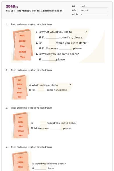 Giải SBT Tiếng Anh lớp 3 Unit 15: D. Reading có đáp án