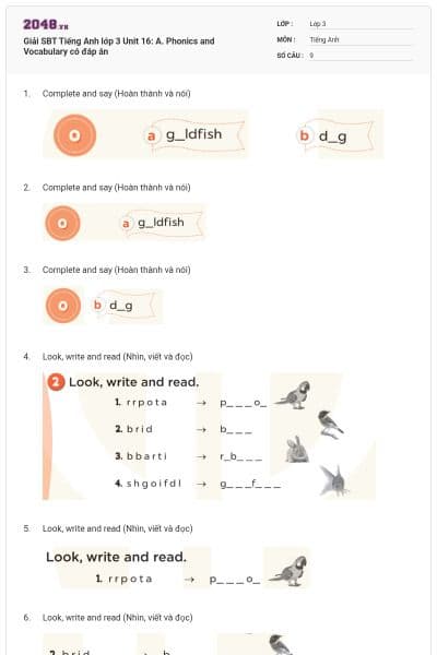 Giải SBT Tiếng Anh lớp 3 Unit 16: A. Phonics and Vocabulary có đáp án