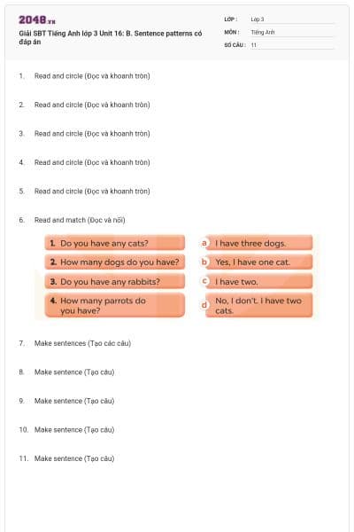 Giải SBT Tiếng Anh lớp 3 Unit 16: B. Sentence patterns có đáp án