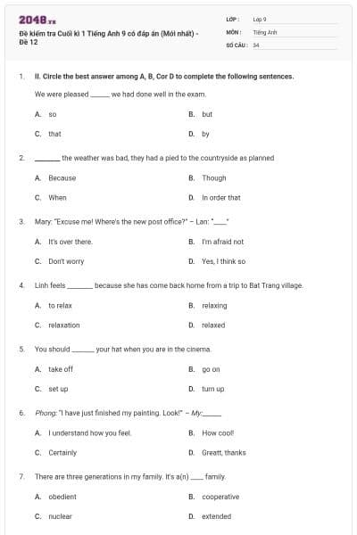Đề kiểm tra Cuối kì 1 Tiếng Anh 9 có đáp án (Mới nhất) - Đề 12