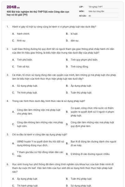 400 Bài trắc nghiệm thi thử THPTQG môn Công dân cực hay có lời giải (P9)