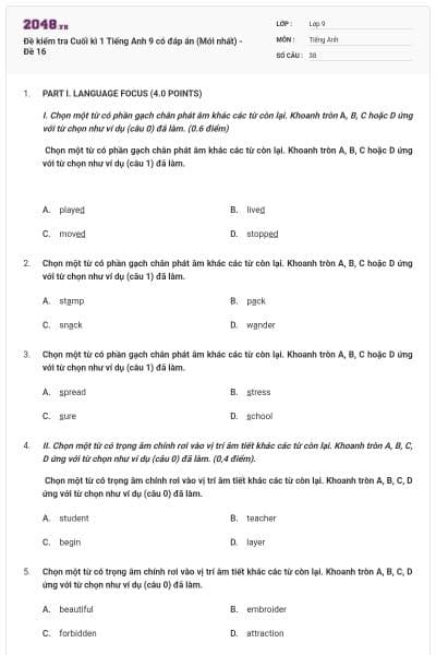 Đề kiểm tra Cuối kì 1 Tiếng Anh 9 có đáp án (Mới nhất) - Đề 16