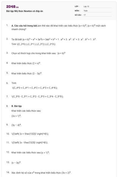 Bài tập Nhị thức Newton có đáp án