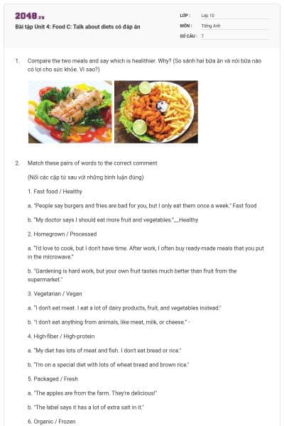 Bài tập Unit 4: Food C: Talk about diets có đáp án
