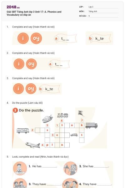 Giải SBT Tiếng Anh lớp 3 Unit 17: A. Phonics and Vocabulary có đáp án