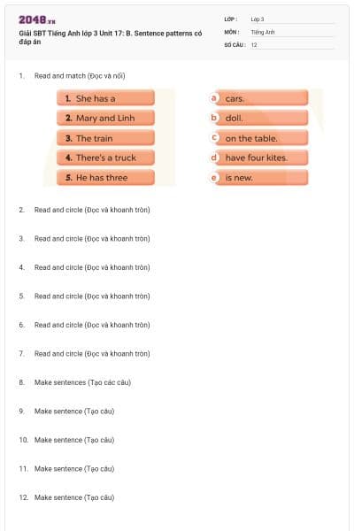 Giải SBT Tiếng Anh lớp 3 Unit 17: B. Sentence patterns có đáp án