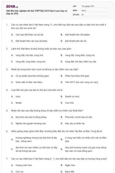 360 Bài trắc nghiệm thi thử THPTQG 2019 Địa lí cực hay có đáp án (P9)