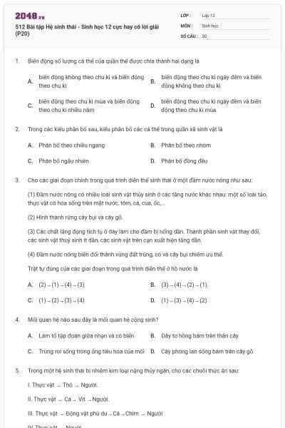 512 Bài tập Hệ sinh thái - Sinh học 12 cực hay có lời giải (P20)