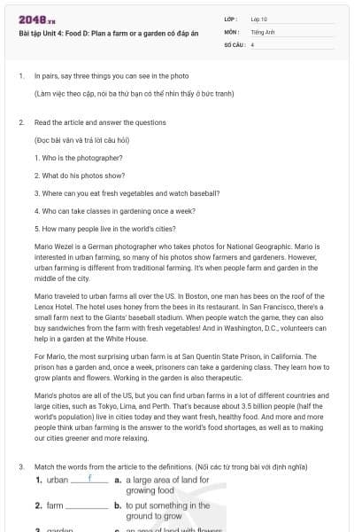 Bài tập Unit 4: Food D: Plan a farm or a garden có đáp án