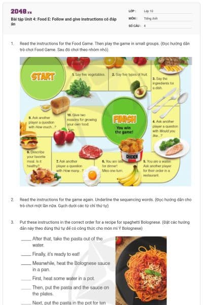 Bài tập Unit 4: Food E: Follow and give instructions có đáp án