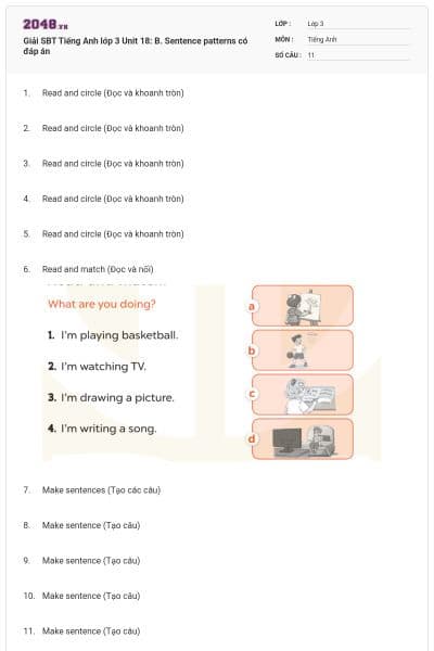 Giải SBT Tiếng Anh lớp 3 Unit 18: B. Sentence patterns có đáp án