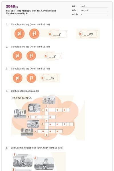 Giải SBT Tiếng Anh lớp 3 Unit 19: A. Phonics and Vocabulary có đáp án