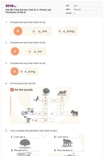 Giải SBT Tiếng Anh lớp 3 Unit 20: A. Phonics and Vocabulary có đáp án