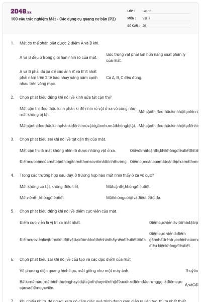 100 câu trắc nghiệm Mắt - Các dụng cụ quang cơ bản (P2)