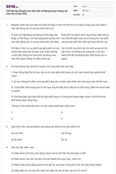 399 Bài tập Chuyển hóa Vật chất và Năng lượng ở Động vật mức độ cơ bản (P8)