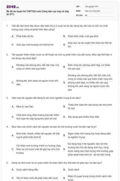 Bộ đề ôn luyện thi THPTQG môn Công dân cực hay có đáp án (P1)