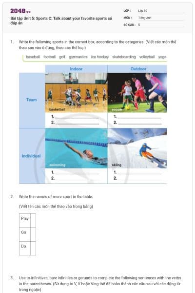 Bài tập Unit 5: Sports C: Talk about your favorite sports có đáp án