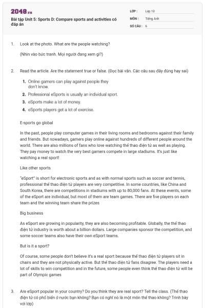 Bài tập Unit 5: Sports D: Compare sports and activities có đáp án