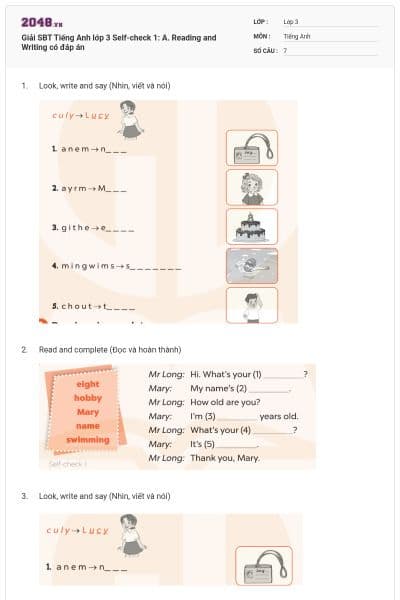Giải SBT Tiếng Anh lớp 3 Self-check 1: A. Reading and Writing có đáp án