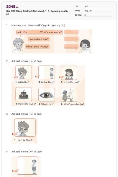 Giải SBT Tiếng Anh lớp 3 Self-check 1: C. Speaking có đáp án