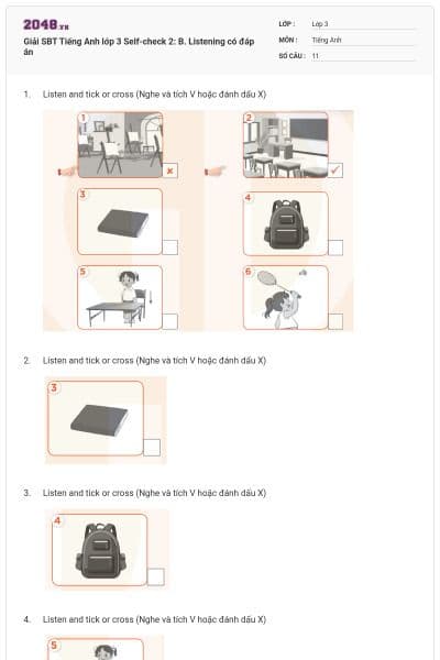 Giải SBT Tiếng Anh lớp 3 Self-check 2: B. Listening có đáp án