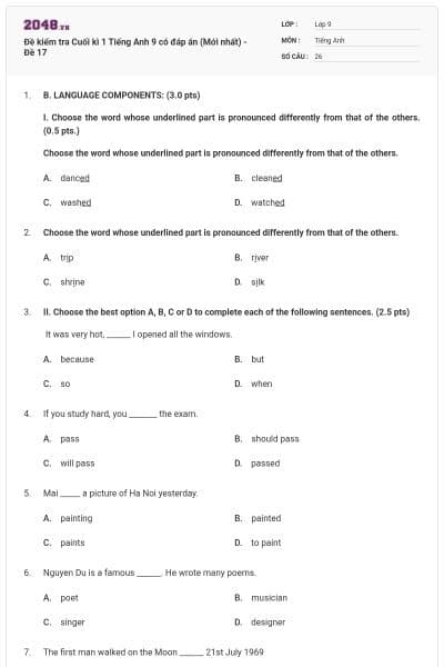 Đề kiểm tra Cuối kì 1 Tiếng Anh 9 có đáp án (Mới nhất) - Đề 17
